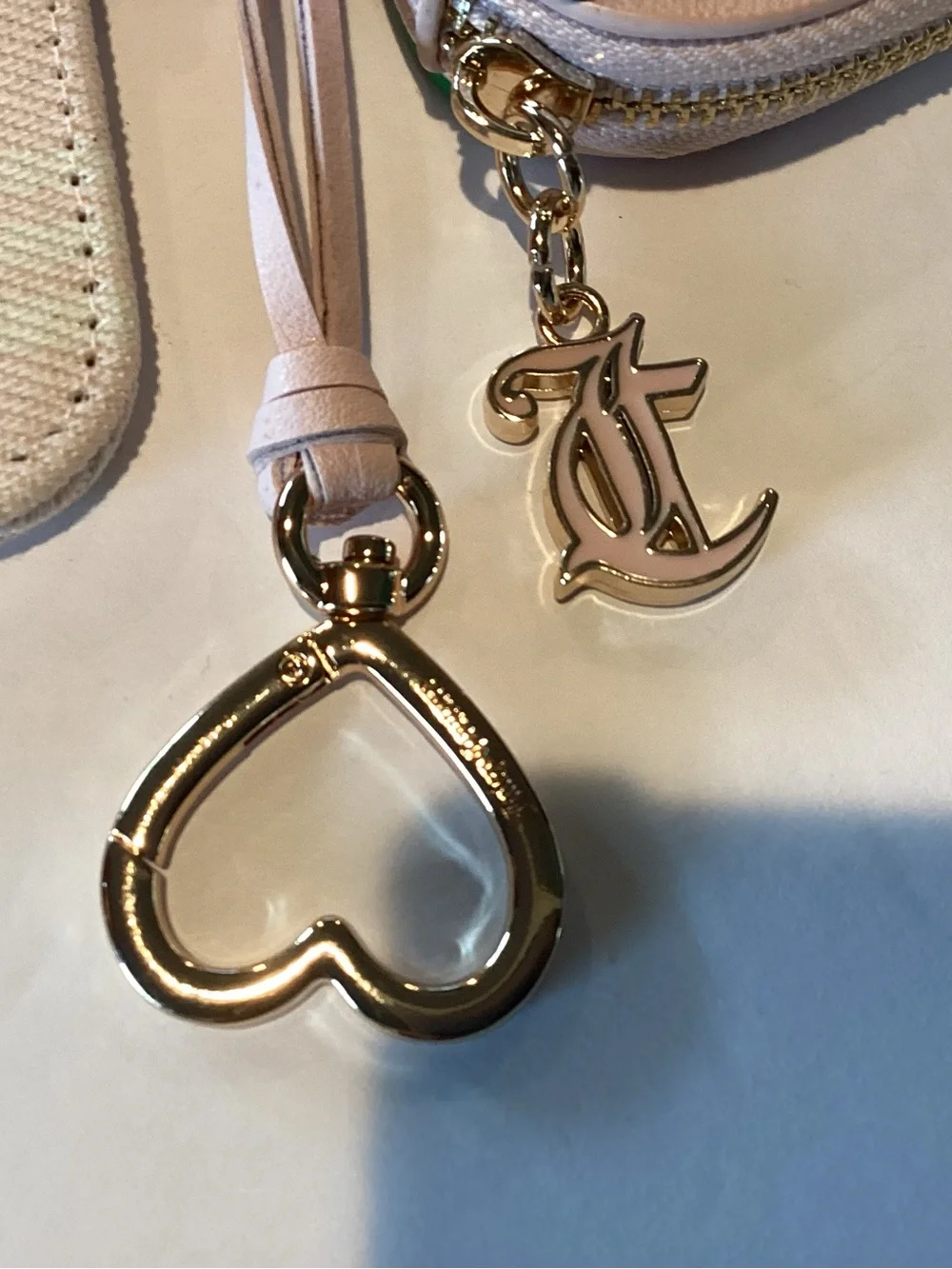 Juicy Couture Beige & Blue Logo Key Card Holder with Pink Strawberry Charm